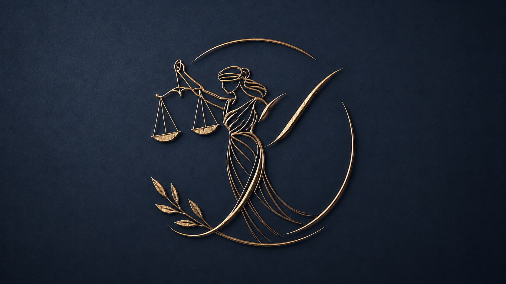 Emblema do escritório: a Dama da Justiça com a balança e um ramo de oliveira, traçada em linha dourada dentro de um círculo aberto.